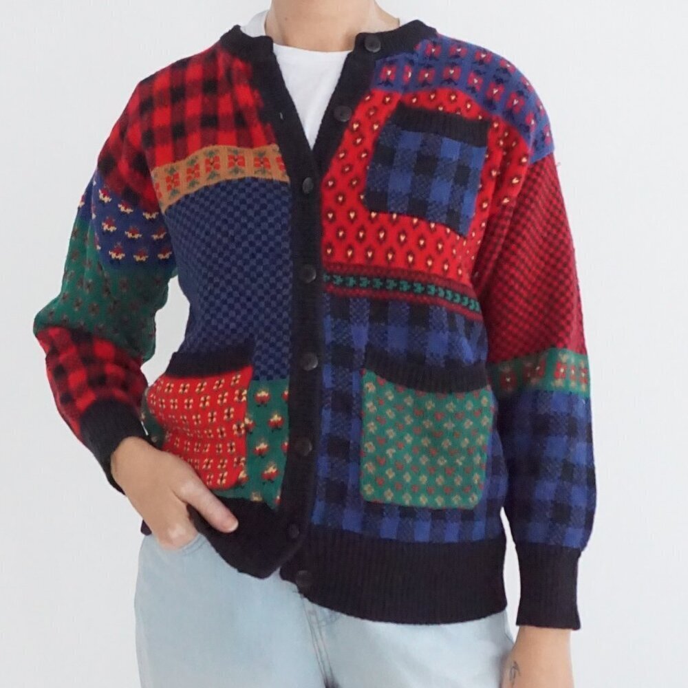 Vintage Susan Bristol Red Blue Patchwork Plaid Button Knit Cardigan Sweater M